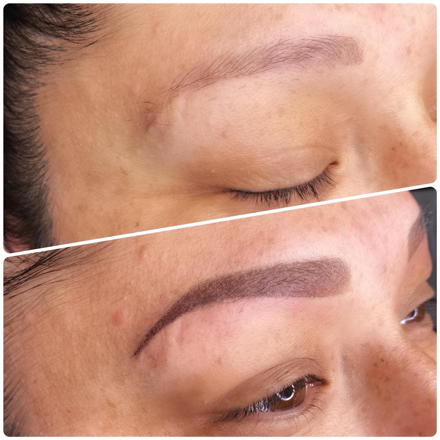 Close-up before-and-after comparison of a brow with a more defined arch and tail