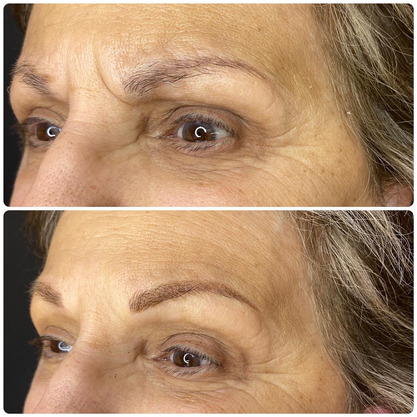 Three-quarter views of brows before and after shaping and added definition