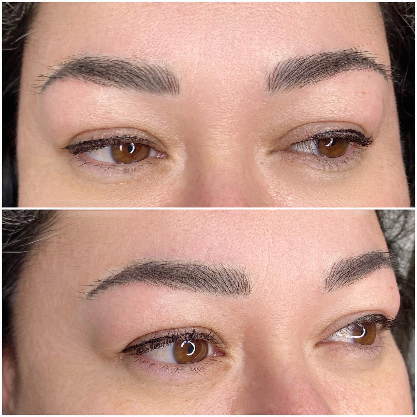 Two close-up views of defined brows and upper eyeliner