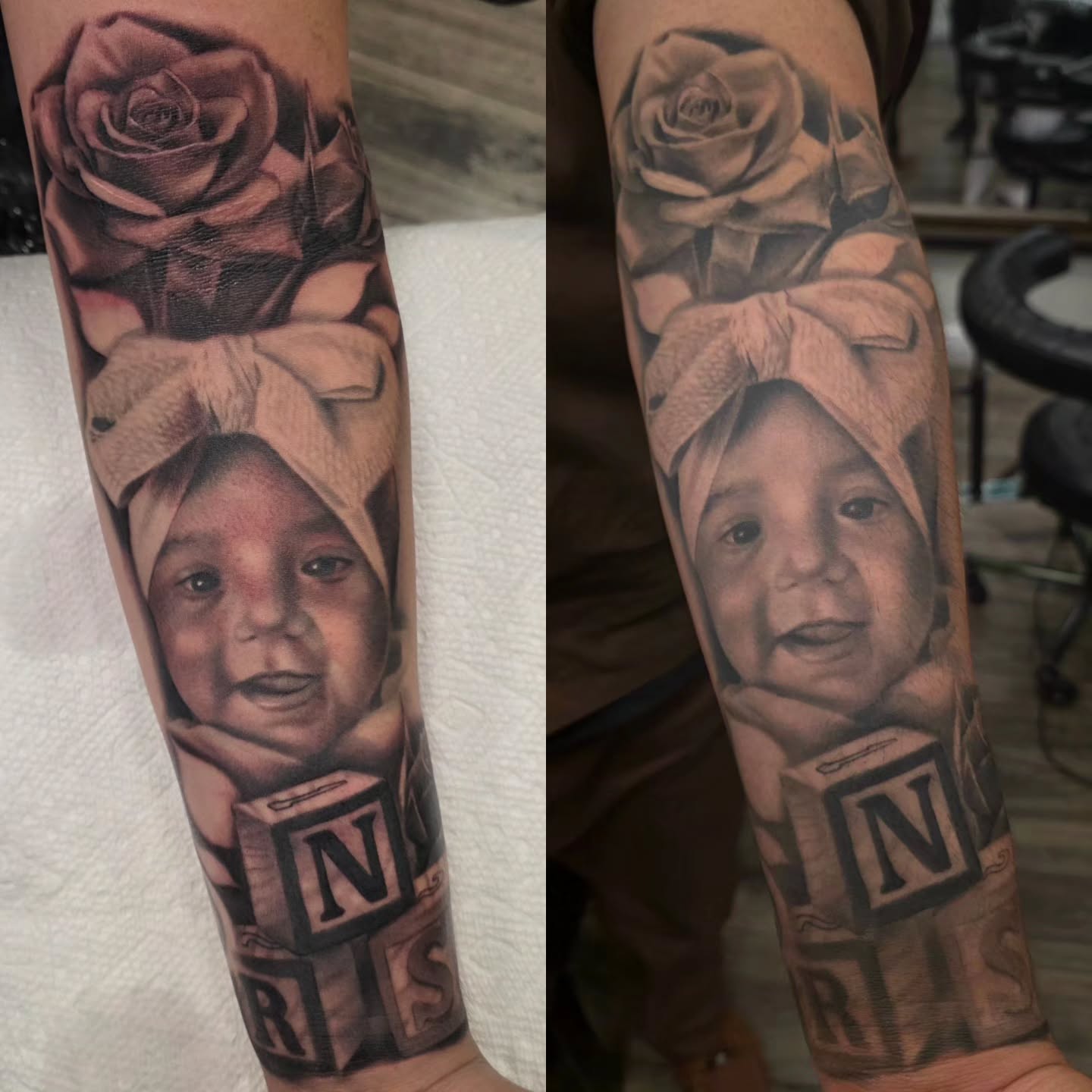 Black-and-grey baby portrait tattoo with a rose and alphabet blocks