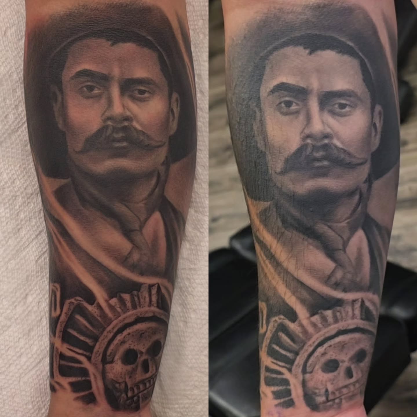 Black-and-grey mustached revolutionary portrait tattoo